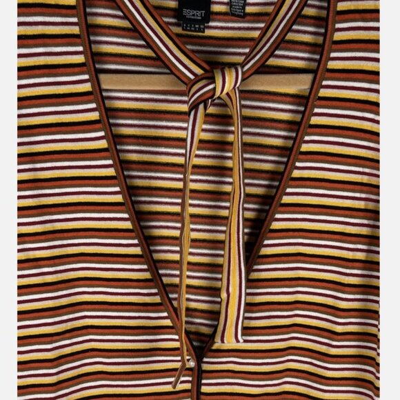 Vtg 90s Y2K Esprit Striped Pearl Button Cardigan Sweater Sz L Removable Neck Tie - Picture 3 of 6